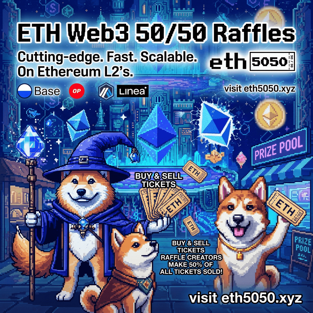 Crypto 50/50 Raffle ETH5050 — buy and sell raffle tickets to win ETH prizes